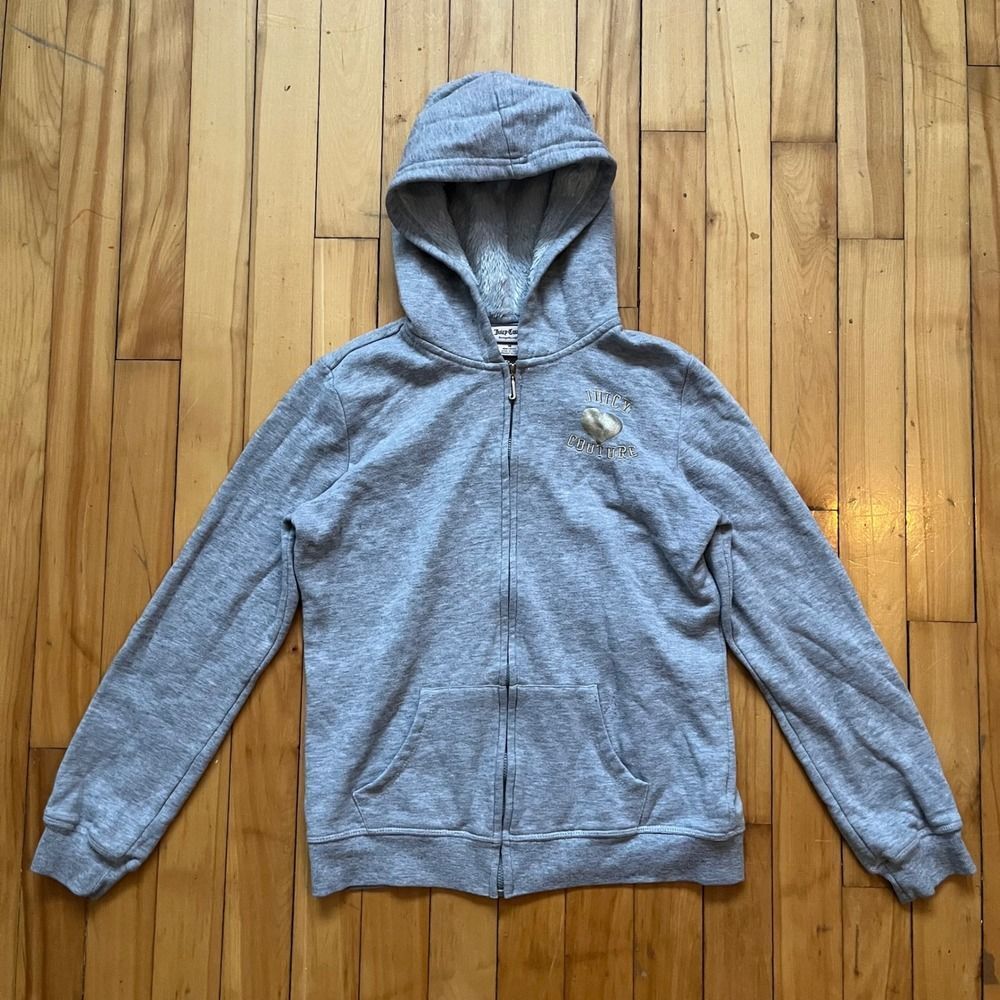 Juicy Couture Zip Up Hoodie Grey Heart Logo Girl Size 16 Fuzzy Lined Y2k